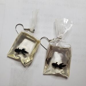 Black Goldfish In Water In A Bag Resin Charm Artisan Dangle Earrings